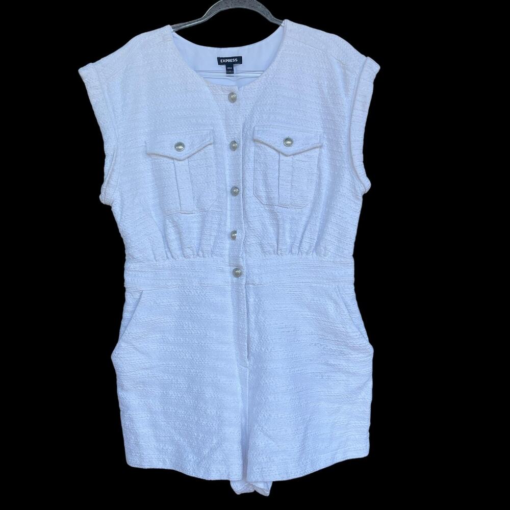 Express Romper Womens 14 White Sleeveless Textured Button‎ Front Pockets Lined